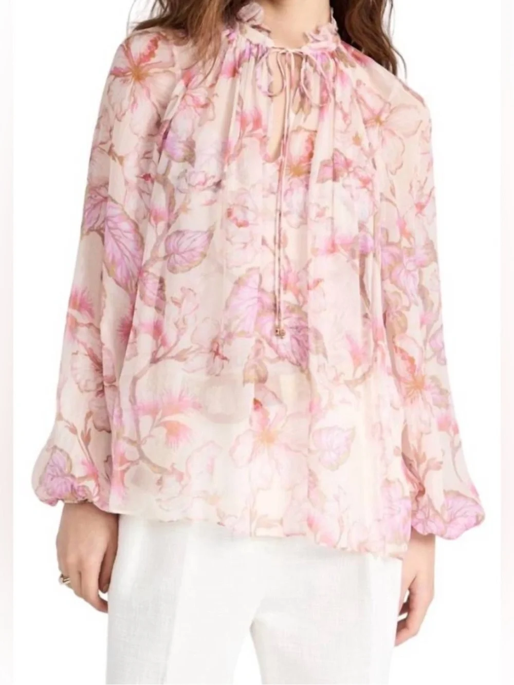 Zimmermann Matchmaker Billow Blouse, Pink Floral Tie Neck, Size 1